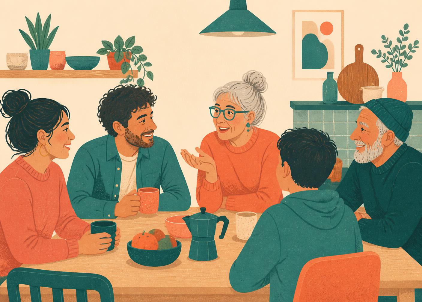 A family of different generations talking together around a kitchen table